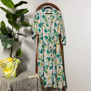 Papinelle SMALL Pink Green Floral Cotton and Silk Belted Midi Maxi Robe